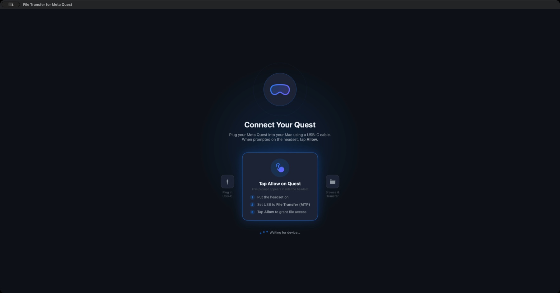 File Transfer for Meta Quest connection screen on macOS